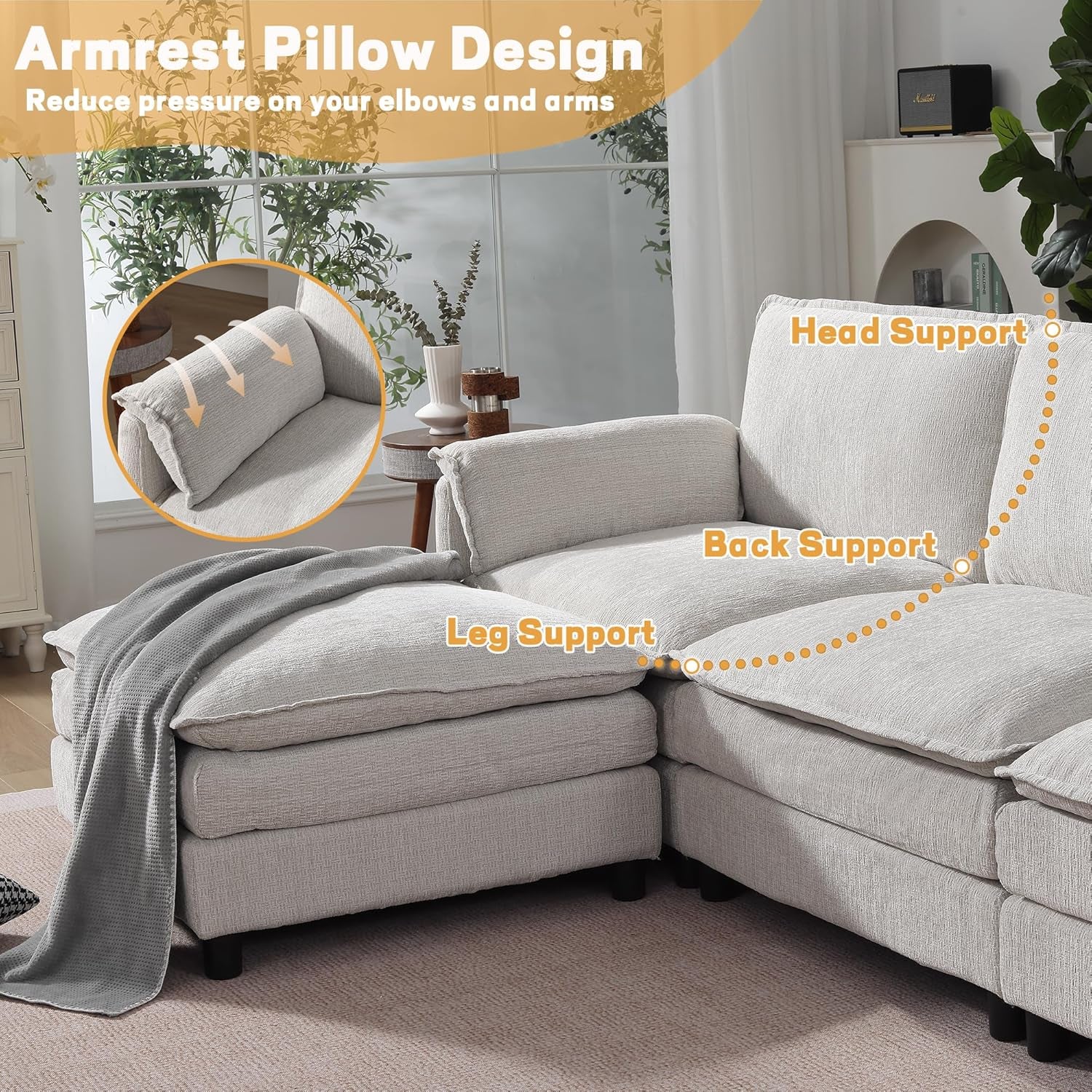 108" Cloud Sectional Couches for Living Room, Convertible L Shaped Modular Sectional Sofa with Movable Ottoman, 3-Seat Chenille Cloud Couch with Deep Seat for Bedroom, Apartment, Beige