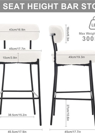 Set of 2 Contemporary 27" White Boucle Counter Height Bar Stools with Backrest and Metal Legs for Kitchen Island and Dining Area