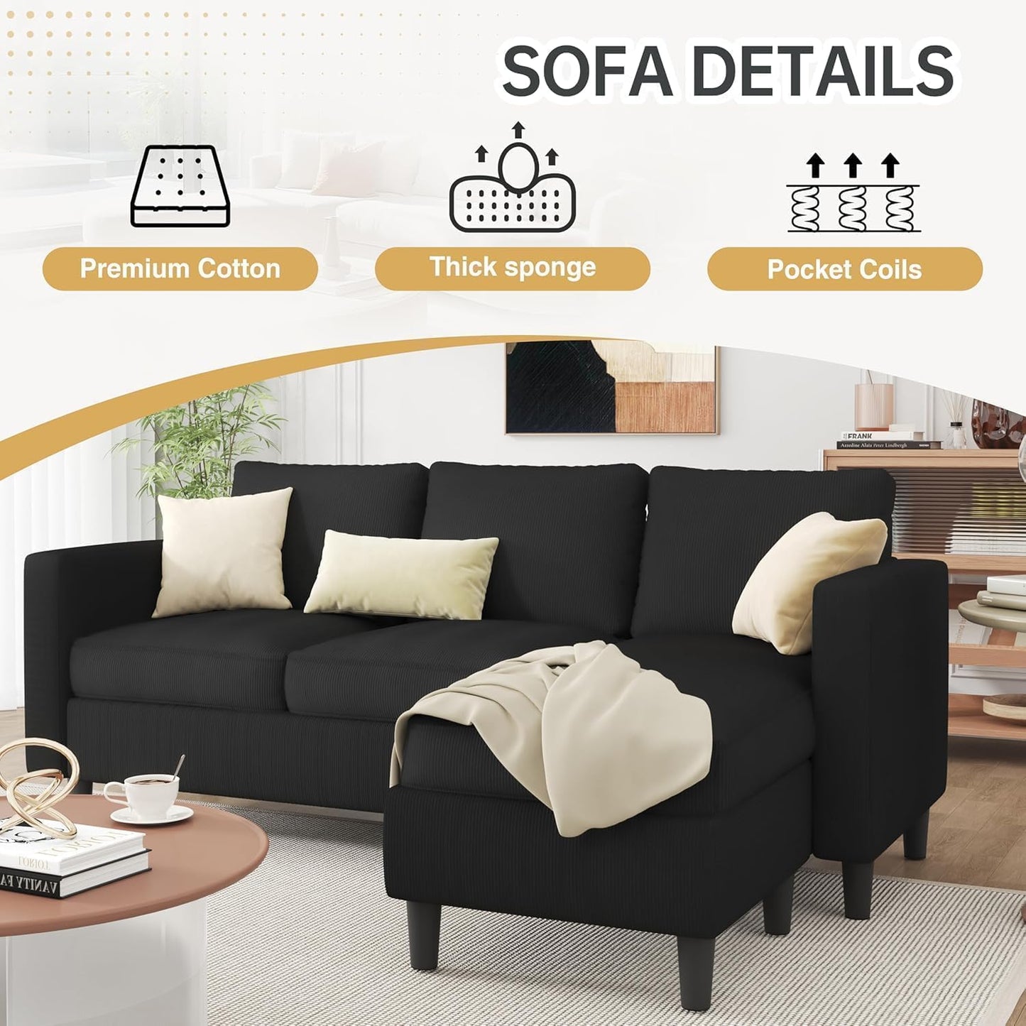 3-Seat Convertible L-Shaped Sectional Sofa with Reversible Ottoman, Upholstered Fabric Couch for Small Living Rooms, Modern Modular Couch for Apartment, Studio & Loft, Black