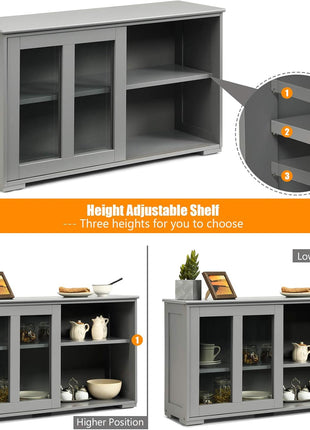 Elegant Grey Wooden Sideboard Buffet Cabinet with Adjustable Shelves and Sliding Glass Doors, Ideal Accent Console Table for Living Room, Dining Room, and Hallway