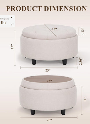 Fabric Round Storage Ottoman with Reversible Tray Lid - Stylish Footrest and Concealed Storage Option, Compact Coffee Table for Living Room, Bedroom, or Entryway (Beige)