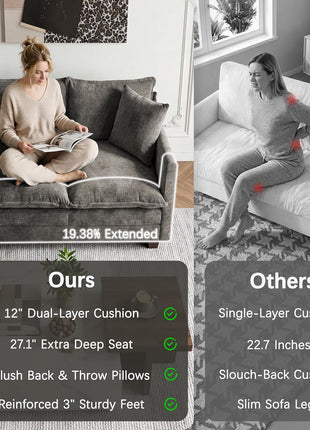 Modern Cloud Loveseat Sofa with Ottoman, 52" Chenille Couch featuring 27" Deep Seat and 2 Pillows, Ideal for Small Spaces in Apartment, Studio, Bedroom, and Living Room (Grey)