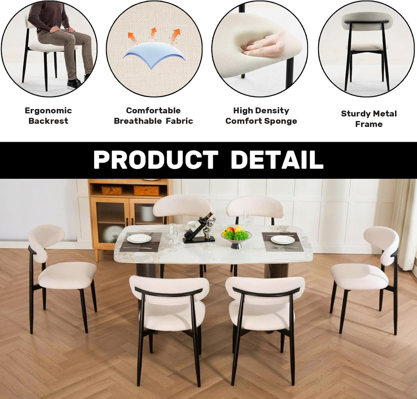 Dining Chairs Set of 4, Metal Kitchen Chairs with Modern Fabric Upholstered for Dining Room, Beige