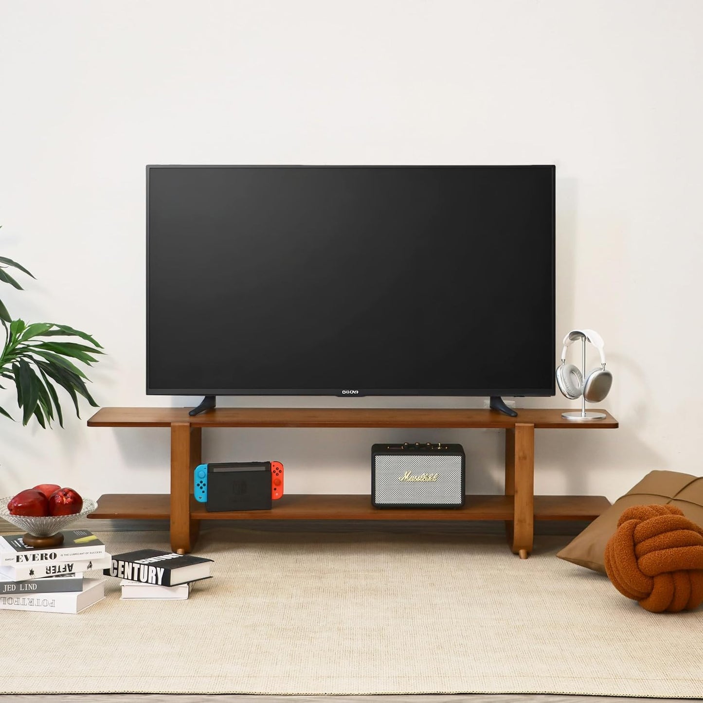 Bamboo TV Stand for Tvs up to 65", Media TV Console Table with Storage, Accent Entertainment Center with Shelf, Modern TV Stand for Living Room, Bedroom, 55"(L), Walnut