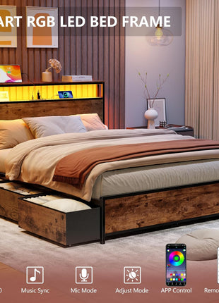 Queen Bed Frame with Headboard and 6 Drawers, Metal Platform Design with Charging Station, LED Lighting, and Two-Tier Shelf Storage - No Box Spring Required, Noise-Free, Rustic Brown Finish