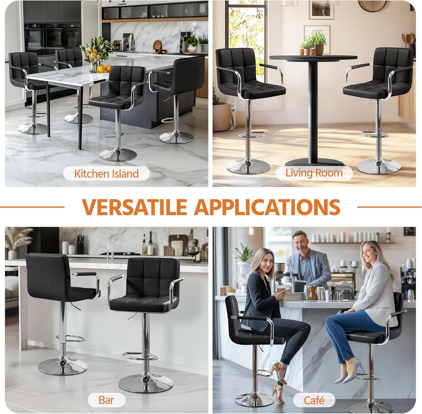 Bar Stools Set of 2, PU Leather Height Adjustable Swivel Barstools, Hydraulic Kitchen Counter Height Bar Chairs with Armrest and Back for Kitchen, Dining Room, Black