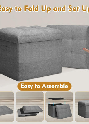 Extra Thick Foam Padded Storage Ottoman with Foldable Footrest, Linen Fabric Bench for Bedroom and Living Room, 43L Capacity, 300 lbs Weight Capacity, Dimensions: 17" x 13" x 13", Dark Gray
