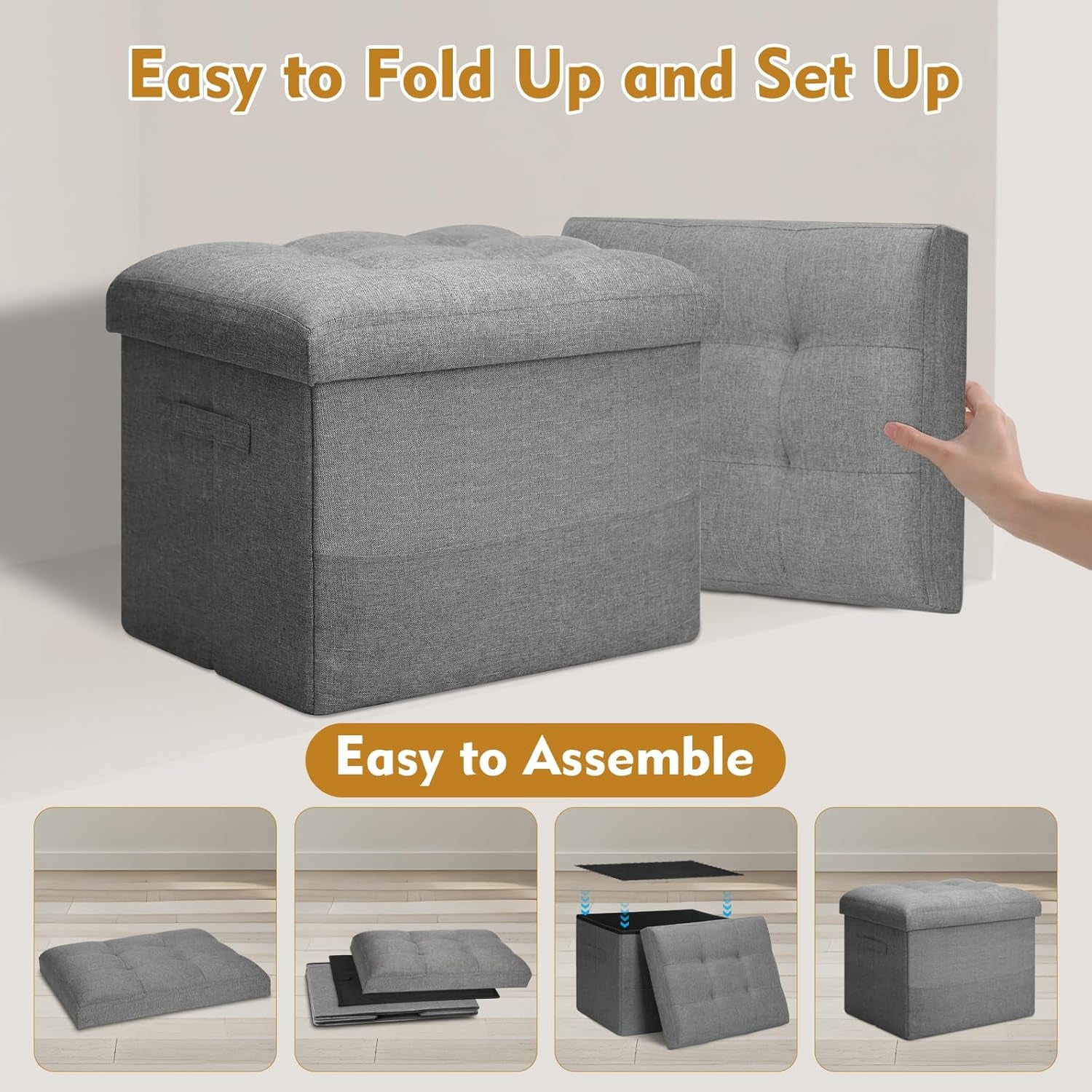 Storage Ottoman with Extra Thick Foam Padded Seat, Foldable Foot Rest Stool with Linen Fabric, 43L Ottoman with Storage Bench for Bedroom Living Room, Holds up to 300Lbs, 17X13X13In, Dark Gray