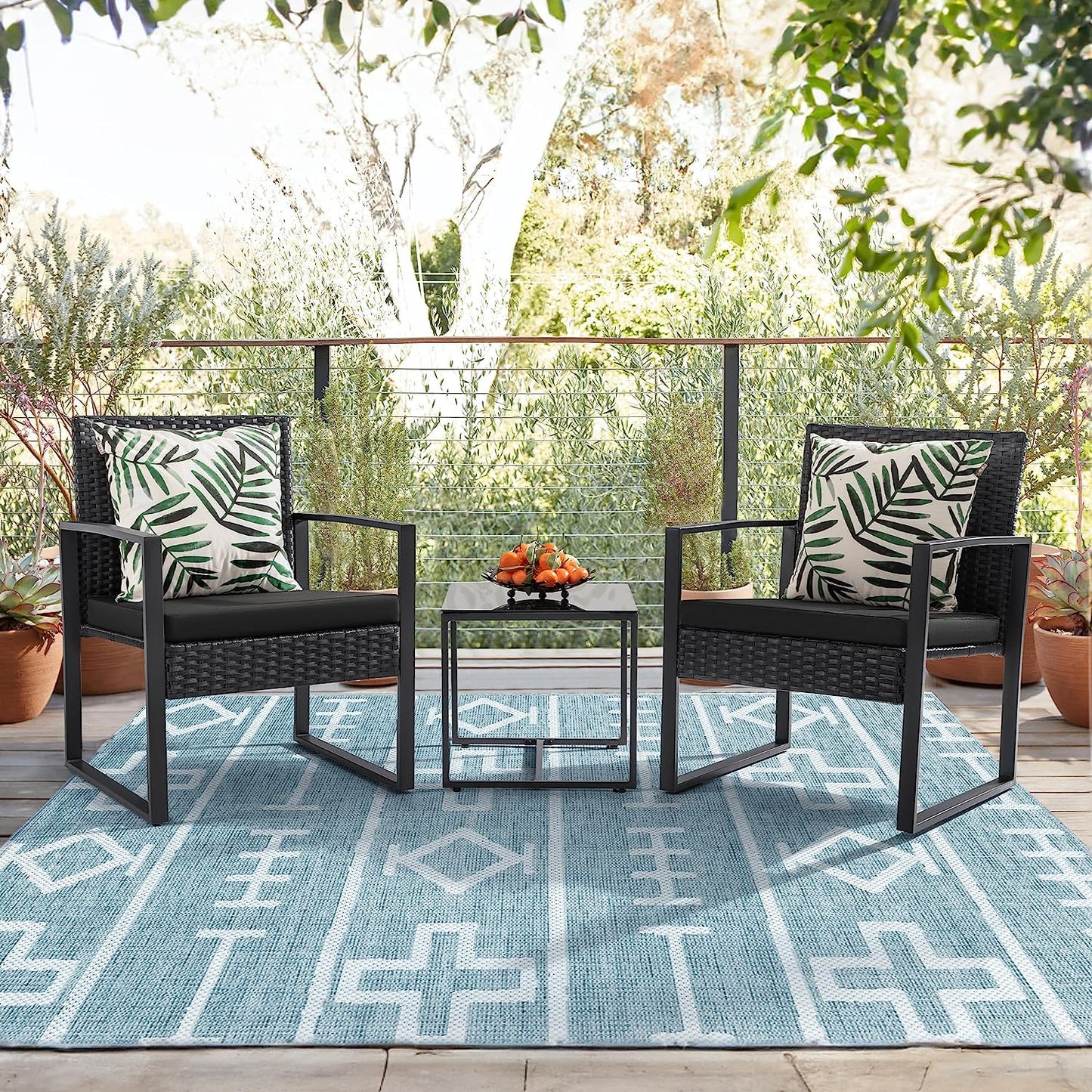 3 Pieces Outdoor Patio Wicker Furniture Set, Modern Rattan Chair Conversation Sets with Coffee Table for Yard and Bistro (Black)