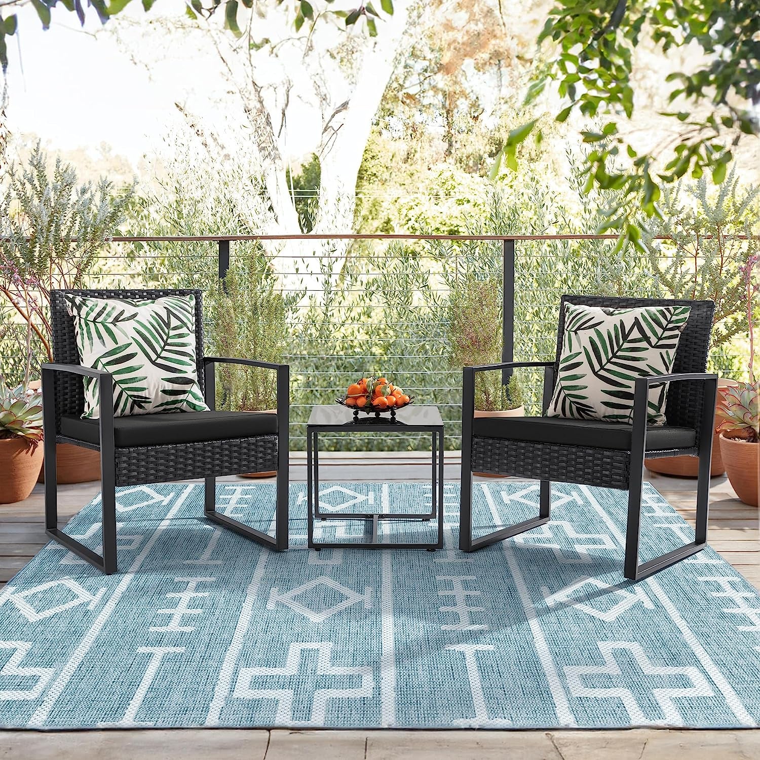 3 Pieces Outdoor Patio Wicker Furniture Set, Modern Rattan Chair Conversation Sets with Coffee Table for Yard and Bistro (Black)