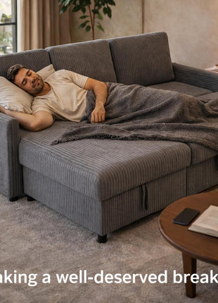 Versatile Grey Sleeper Sofa Bed with Storage Chaise - Elegant L-Shaped 3-Seat Sectional for Compact Living Spaces