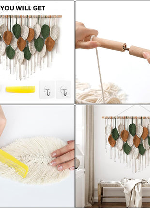 Large Macrame Wall Hanging - Handcrafted Bohemian Tapestry for Elegant Home Decor, Featuring Leaf and Feather Design for Living Room, Bedroom, Nursery, and Apartment - 39"W x 29.5"L