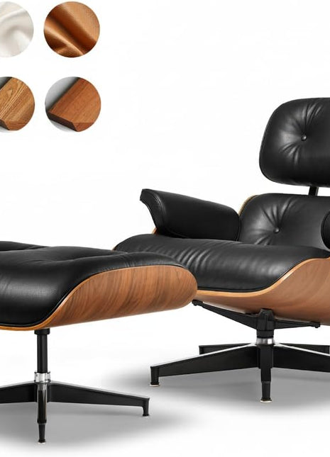Mid-Century Modern Top Grain Leather Chaise Lounge Chair with Ottoman - Timeless Design and Robust Support for Living Room, Walnut Finish