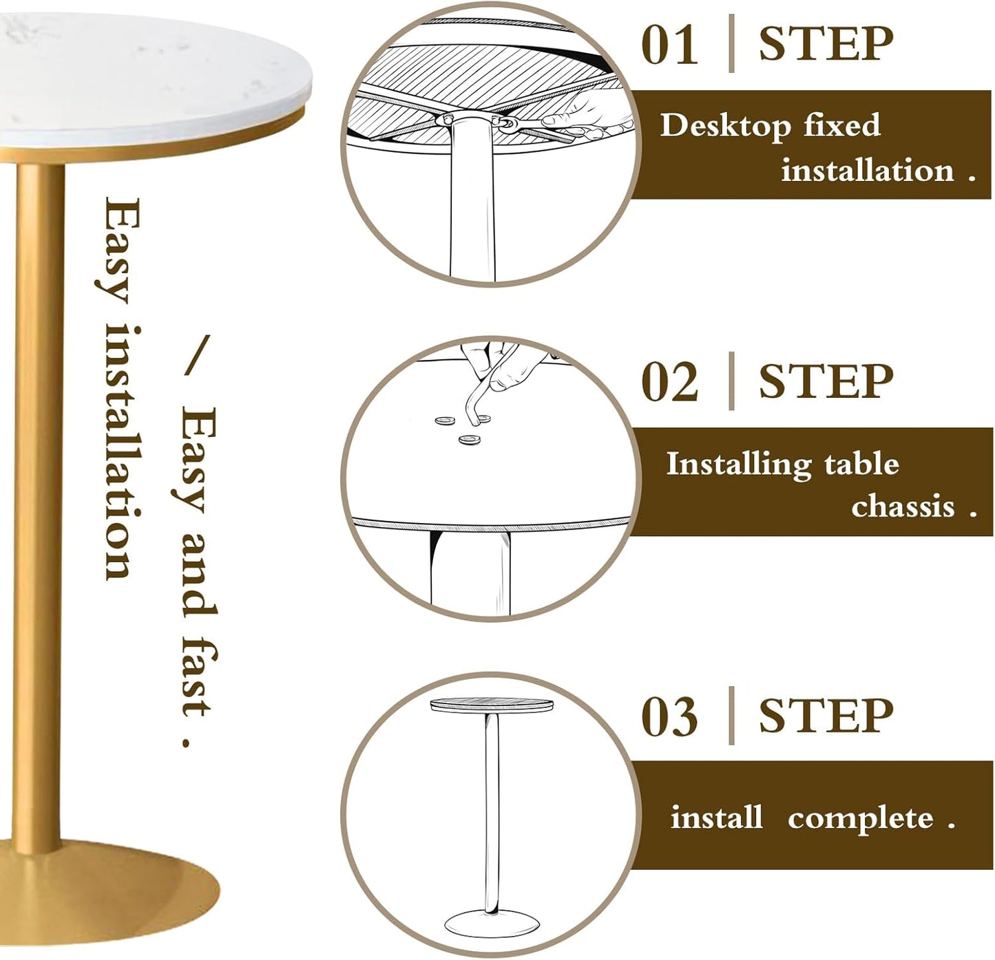 Gold High Top Marble Pub Table - 22" W, Modern Style Cocktail Table for Parties, Living Room, Kitchen, Dining Room (High: 105Cm/41Inch)