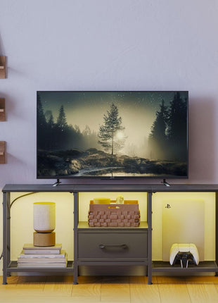 Industrial LED TV Stand with Fabric Drawer and Open Shelving for 50-55 Inch TVs, Black Entertainment Center for Living Room and Bedroom