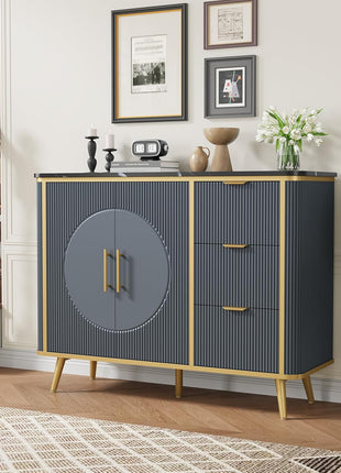 47.3" Contemporary Buffet Cabinet with Storage, Featuring 2 Doors and 3 Drawers, Fluted Design Coffee Bar Storage Solution for Dining Room, Living Room, and Entryway in Navy Blue