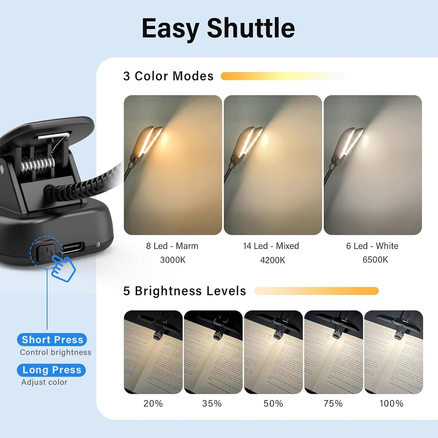 14 LED Rechargeable Book Light for Reading at Night, Eye-Care Reading Light for Books in Bed, 180° Adjustable, Clip on Lamp, 3 Color Temperatures, Lightweight, Present for Reader