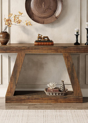 55-Inch Rustic Farmhouse Console Table with Storage - Industrial Wooden Entryway Table for Hallway and Living Room in Dark Brown