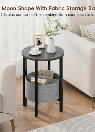 Set of 2 Contemporary Half Moon Accent Tables with Storage Basket, Small Round Side Tables for Living Room and Bedroom in Gray Walnut