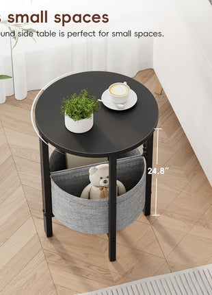 Set of 2 Contemporary Half Moon Accent Tables with Storage Baskets, Black, Perfect for Living Room and Bedroom Decor