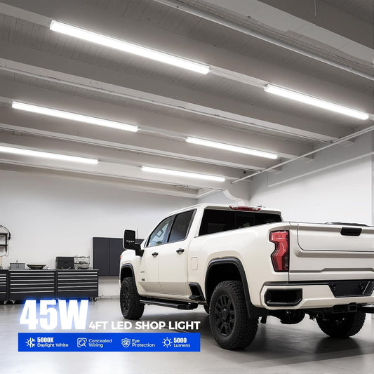 LED Shop Lights for Workshop 4FT, 5000K Daylight White, 45W, 5000LM, Hidden Wiring, Linkable 4FT Light Fixture Cord with On/Off, Frosted Cover, LED Ceiling Light for Garage, Kitchen, 2 Packs
