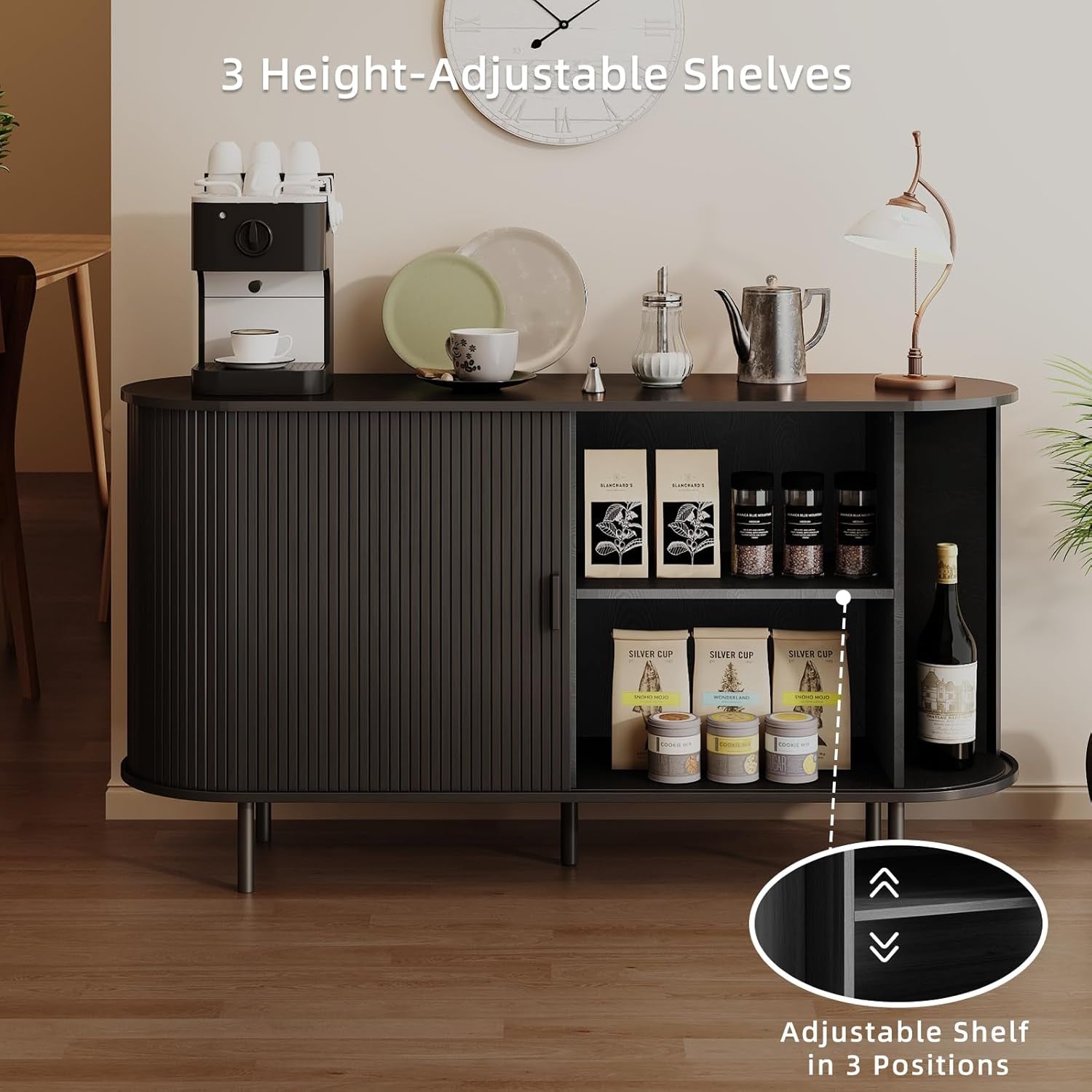 Buffet Sideboard Cabinet with Storage, 55" Fluted Cabinet with Sliding Door & Adjustable Shelf, Modern Accent Coffee Bar Console Table for Kitchen, Entryway, Black