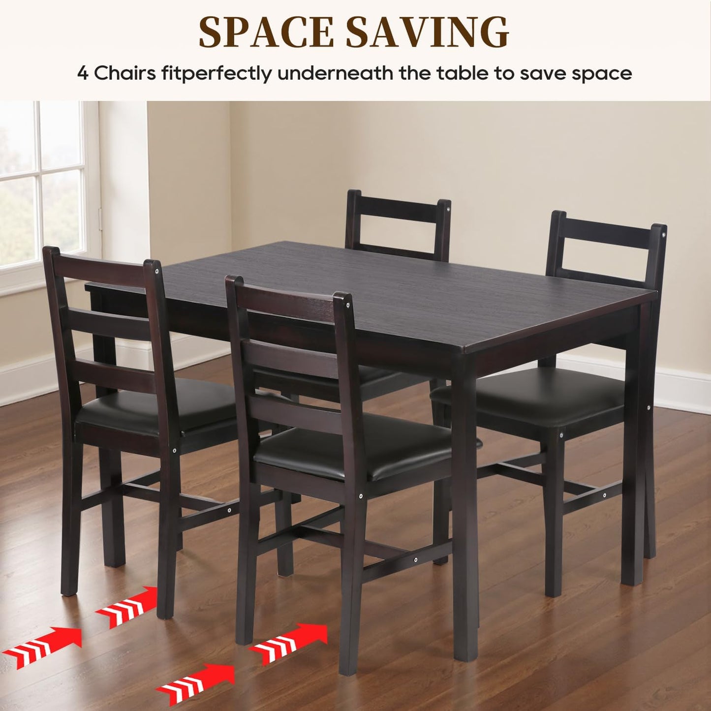 | 5-Piece Solid Wood Dining Table Set for 4 | Brown | Space-Saving Design | Smooth Easy-To-Clean Surface | Pine Kitchen Table with Upholstered Chairs | for Dining Room, Apartment, Restaurant