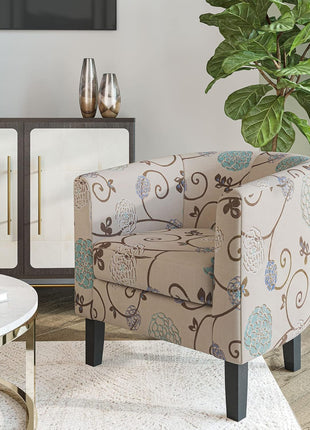 Highland Floral Print Linen Round Accent Barrel Chair - Elegant Club Tub Sofa for Living Room and Bedroom with Flared Legs and Plush Padding