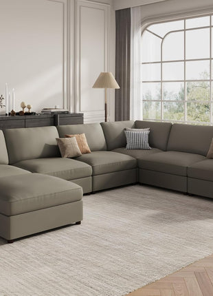 Oversized Light Grey Faux Leather Sectional with Chic U Shape and Comfortable Ottoman – Ideal for Cozy Gatherings and Stylish Living Room Decor
