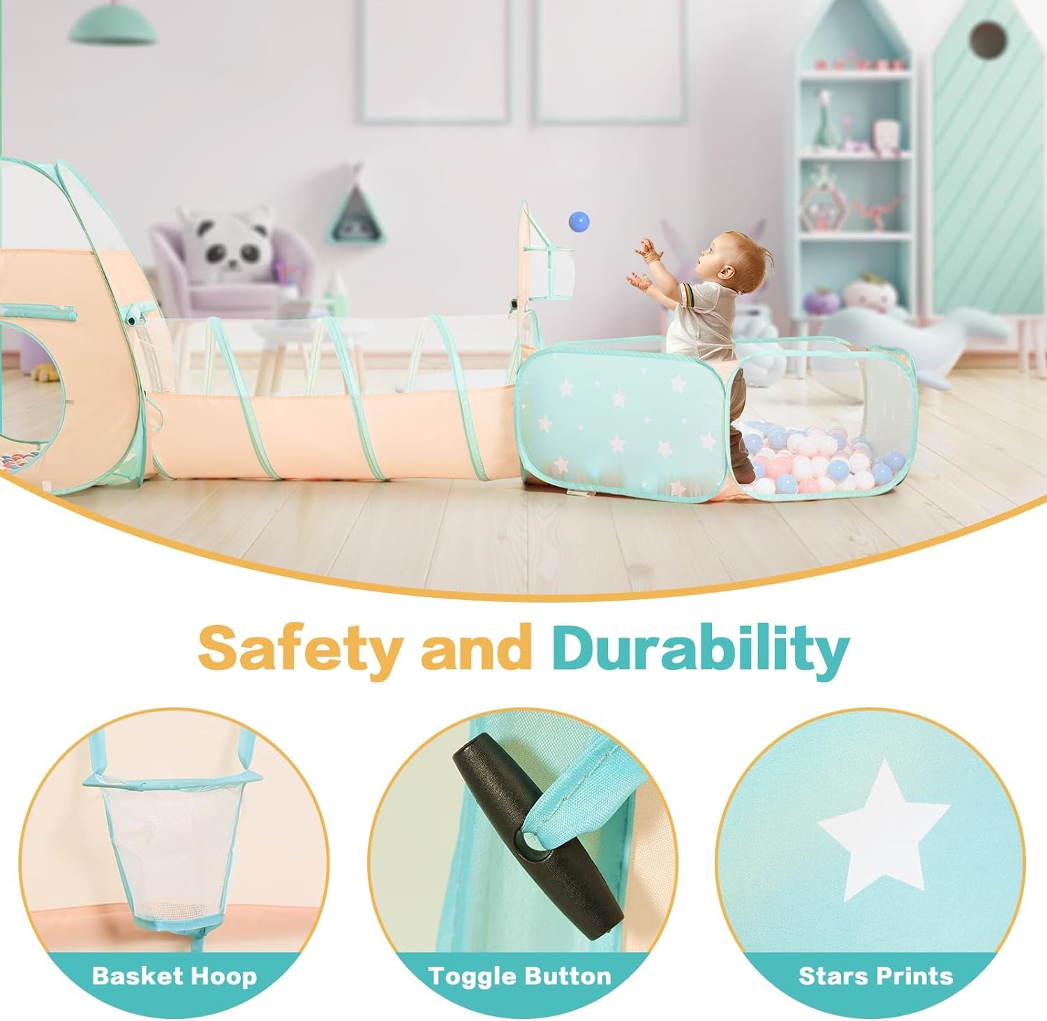 3 in 1 Kids Play Tent with Baby Ball Pit and Play Tunnel, Toddler Climbing Toys for Boys, Girls, Babies, Indoor Outdoor Pop up Playhouse Tunnel Toys (Balls NOT Included)