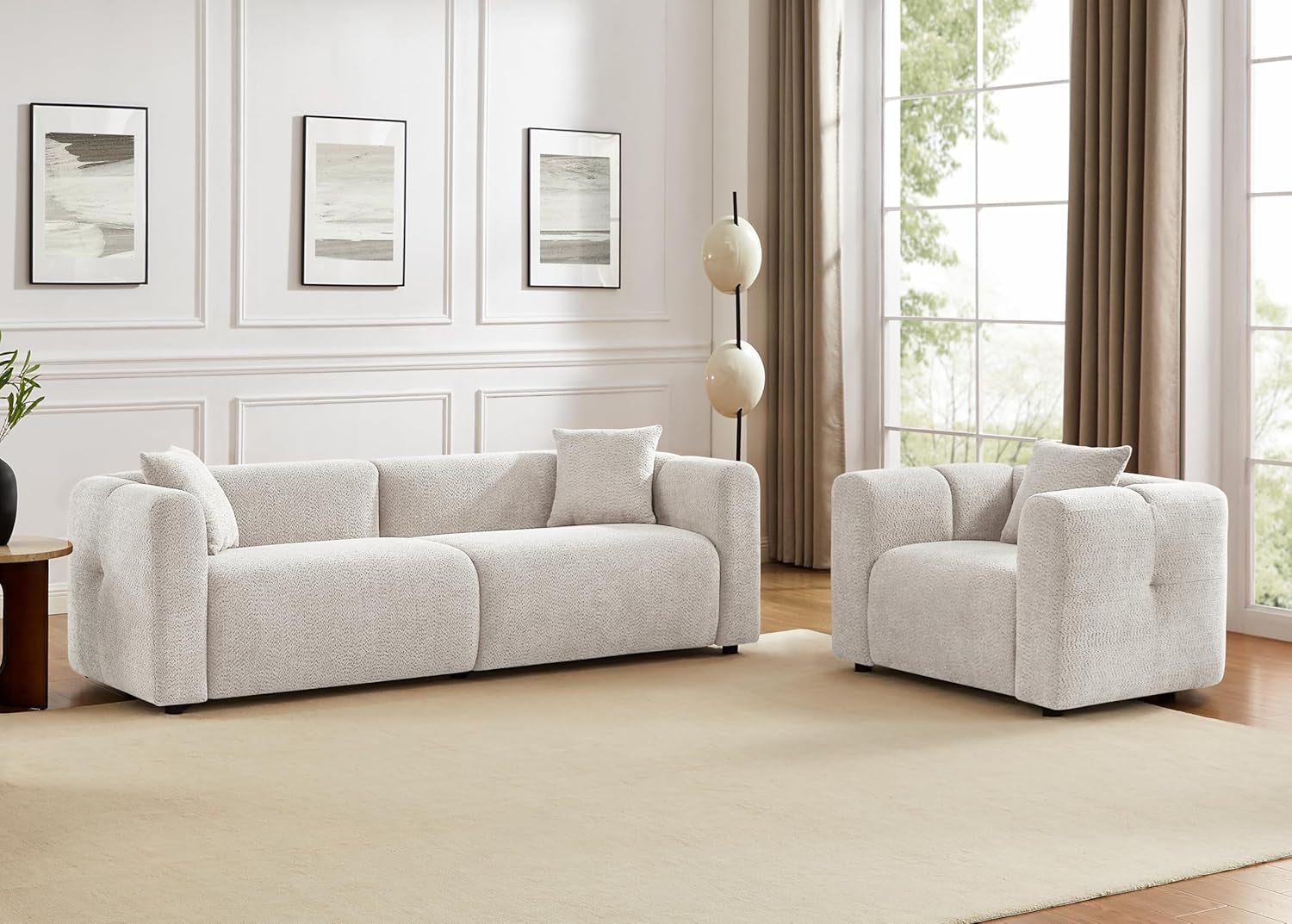 Living Room Furniture Sets Include 95" Sofa & 42" Armchairs, Boucle Upholstered Oversized Couch with Pillows, Living Room Furniture Set for Bedroom Apartment (Light Khaki, 1 Sofa+1 Chair)