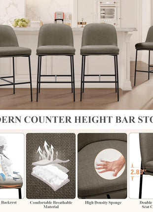 Set of 2 Contemporary 25-Inch Upholstered Counter Height Bar Stools with Back and Metal Legs for Kitchen Island and Dining Room, Brown