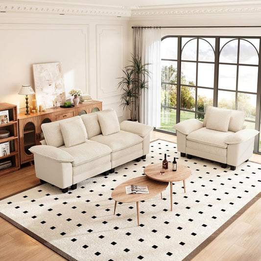 Cloud Modular Couches Sets, 2 Pieces Sectional Sofa Set with Loveseat, 3-Seater Comfy Couch for Living Room Small Spaces, Chenille Corduroy Dual Fabric, Beige