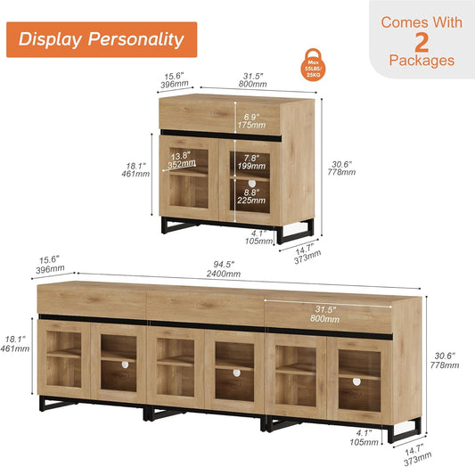 3 in 1 Multifunctional Sideboard Buffet Cabinets with 6 Glass Doors, Modern Sideboard Credenza, Coffee Bar Storage Cabinet for Living Room, Kitchen, Oak