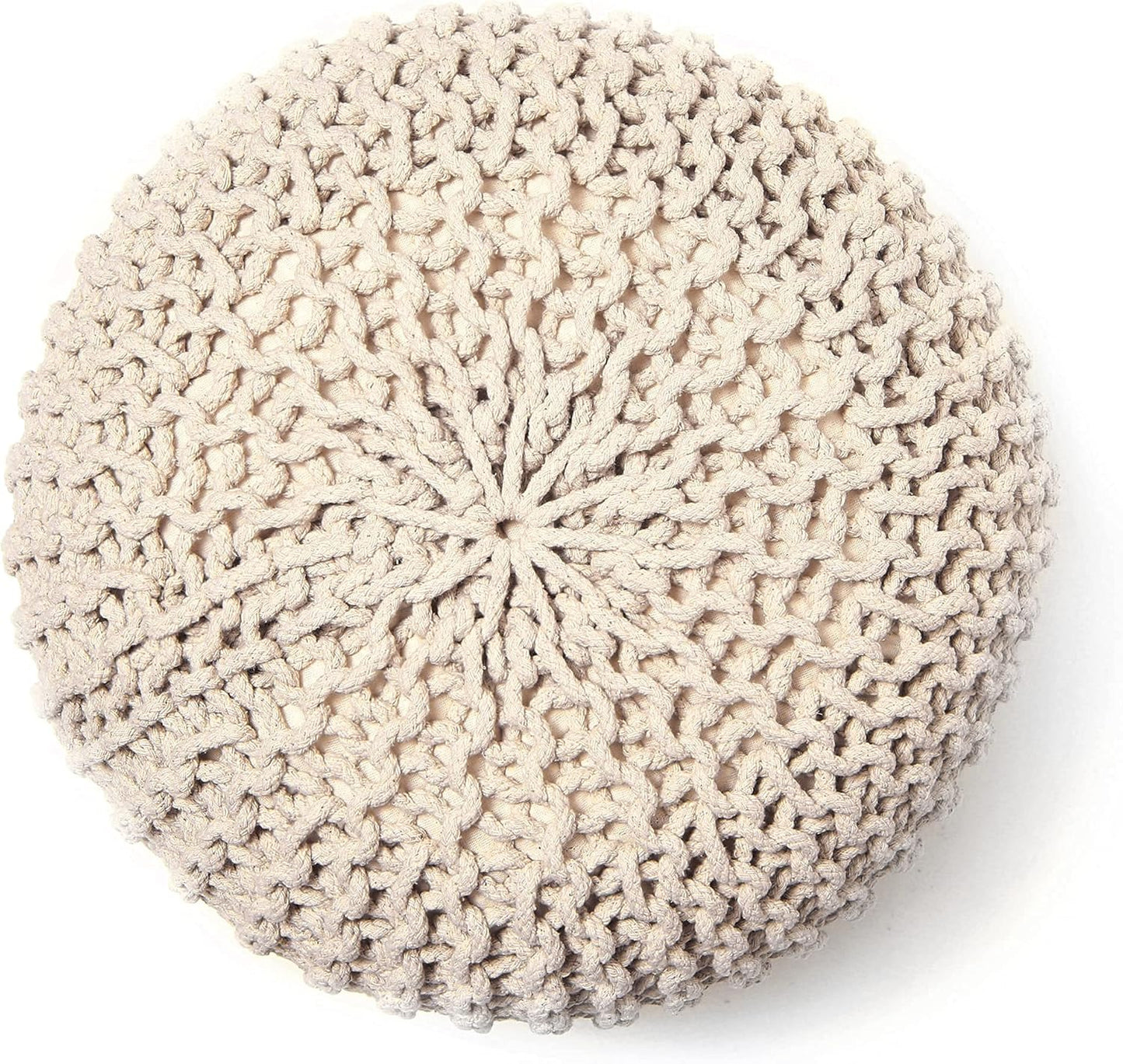 · round Pouf Ottoman - Cable Knitted Boho Poof - Home Décor Cord Pouffe Handmade Circular Footrest for Living Room - Bedroom - Kids Bedroom - 100% Cotton Pouf (18" X 18" X 14") - Ivory
