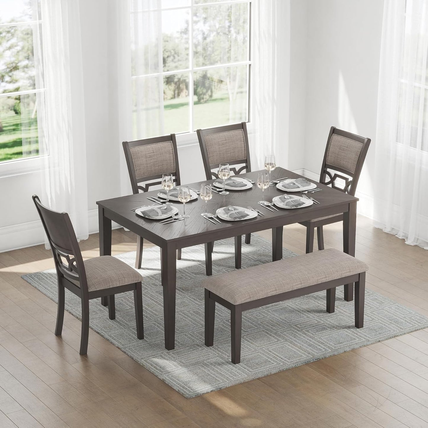 Wrenning Diamond Patterned Dining Table Set, 4 Upholstered Chairs and Bench, Seats 6, Wood, Gray