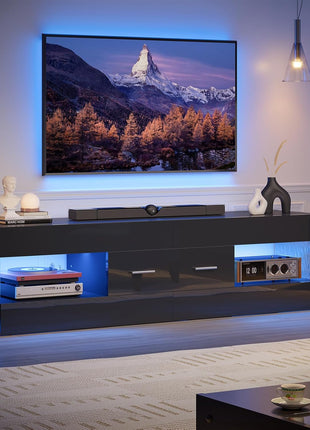 Contemporary Black TV Stand for 55-65 Inch TVs, High Gloss Finish with Stone-Patterned Side Panels, LED Entertainment Center with Ample Storage Drawer, Perfect for Living Room and Bedroom