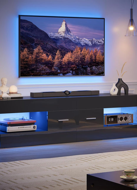 Contemporary Black TV Stand for 55-65 Inch TVs, High Gloss Finish with Stone-Patterned Side Panels, LED Entertainment Center with Ample Storage Drawer, Perfect for Living Room and Bedroom