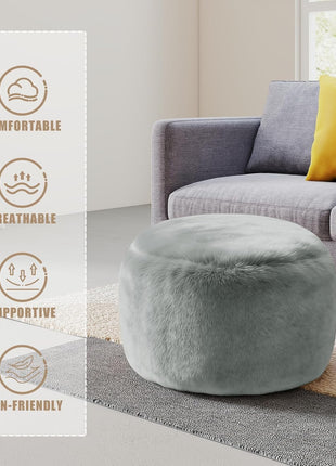 Contemporary 20-Inch Foam-Filled Round Pouf Ottoman - Versatile Soft Floor Seating for Living Room, Nursery, or Dorm (Grey)