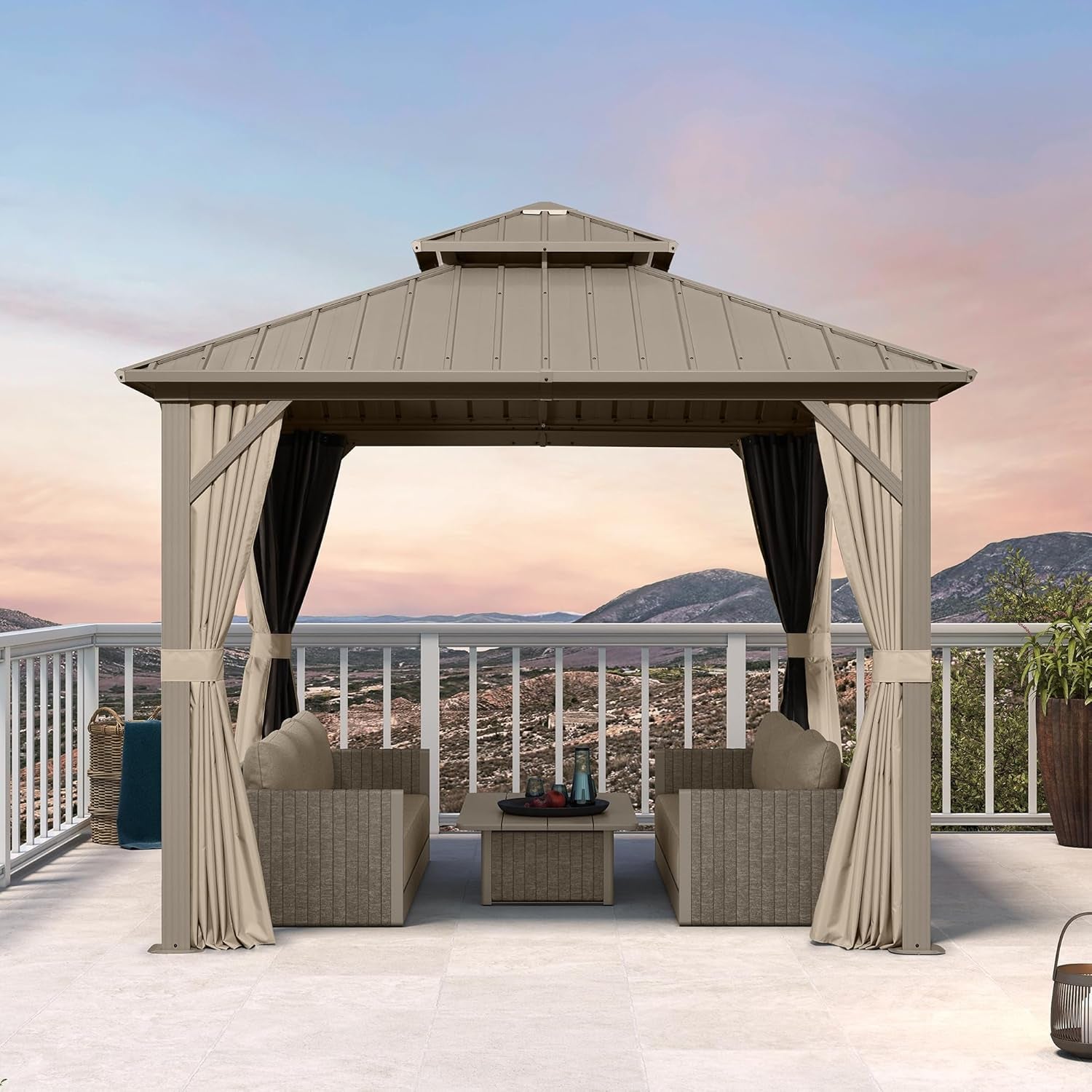 10' X 10' Hardtop Gazebo, Champagne Outdoor Aluminum Gazebo with Galvanized Steel Double Roof, Curtains and Netting for Patio Lawn and Garden