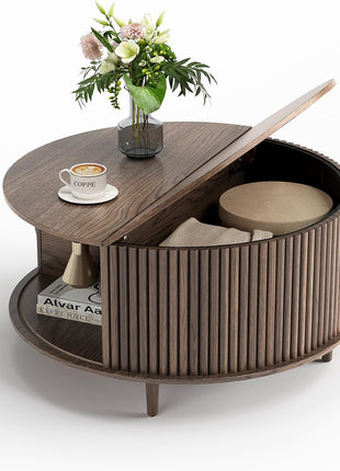 Contemporary Walnut Round Coffee Table with Storage, 31.5" Fluted Center Table for Living Room with Sliding Cabinet Door