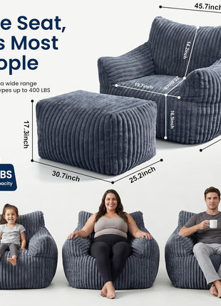 Oversized Bean Bag Chair with Ottoman for Adults, Plush Lounge Sofa Bed for Living Room and Bedroom - Grey