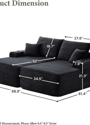 Oversized 69" Boneless Chaise Lounge Chair with Cup Holders and Storage Pockets – Plush Modular Sofa in Black for Superior Comfort