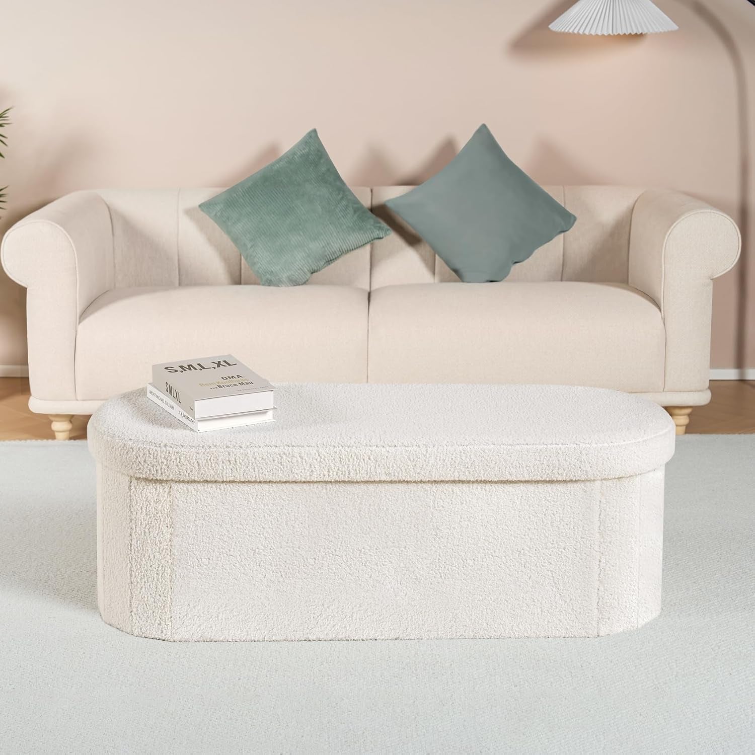 Ottoman with Storage for Living Room, Sherpa Folding Storage Ottoman Foot Rest, 43.3 Inches Collapsible Bedroom Bench White