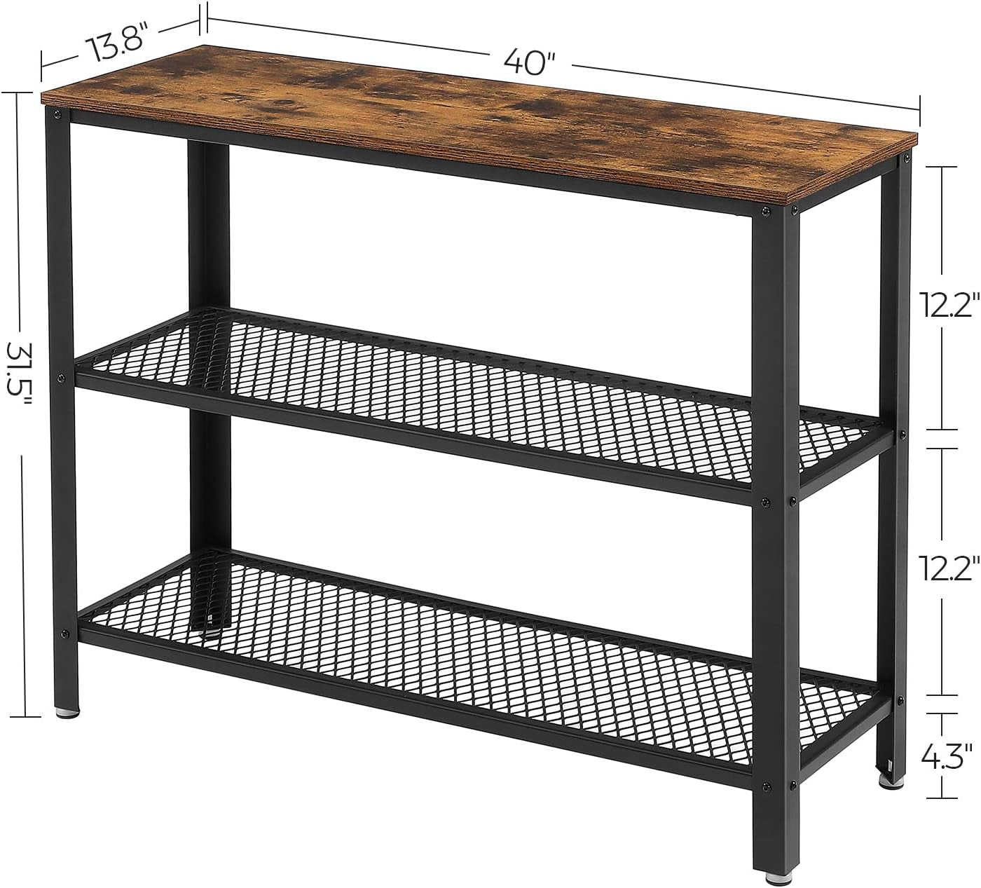 40" Industrial Console Table, 3 Tier Entryway Table with Storage Shelf, Narrow Sofa Tables for Living Room, Hallway, Entrance Hall, Corridor, Bedroom, Rustic Brown and Black ULNT81BX