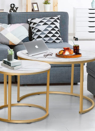 Modern Industrial Nesting Coffee Table Set of Two with Gold Frame and Marble Finish, White Circular Wooden Design for Living Room and Bedroom