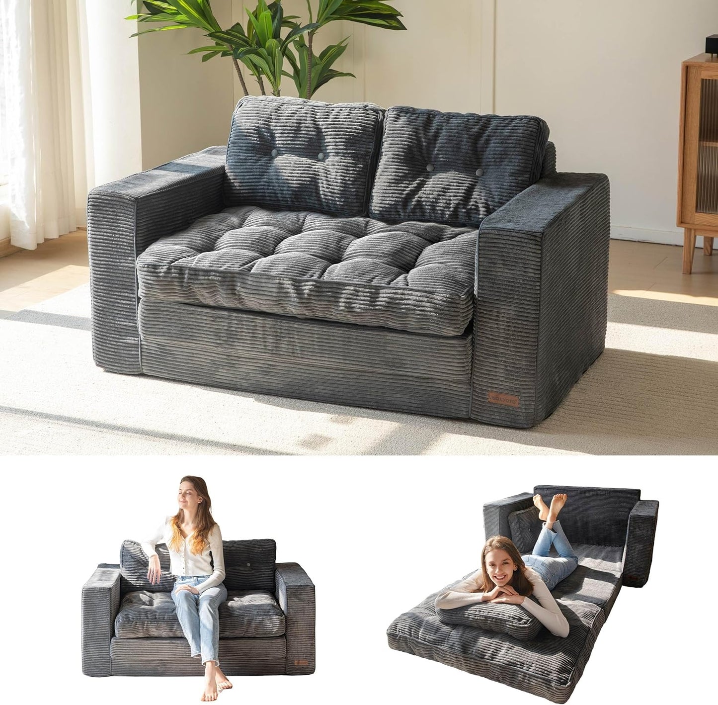 Convertible Sofa Bed, Pull Out Loveseat Sleeper Sofa, 2 in 1 Folding Couch Bed, Fold Out Floor Couch with Pillows for Living Room Bedroom Lounge, Dark Grey