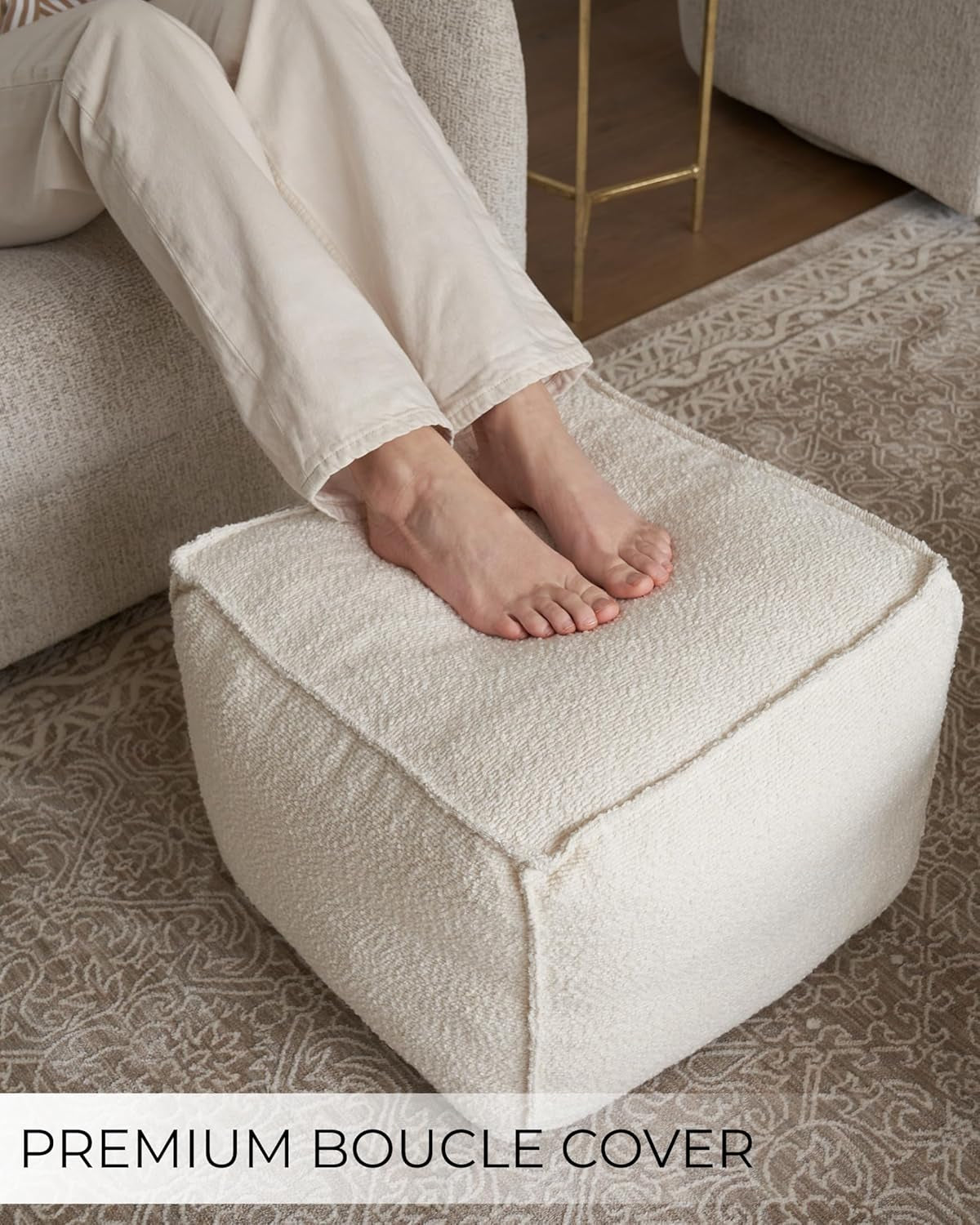 Beautiful Boucle Pouf Ottoman and Foot Rest - Elevate Your Living Room Decor with Lightweight Comfort and Charm - a round Modern Foam Filled Foot Stool Perfect to Rest Your Feet