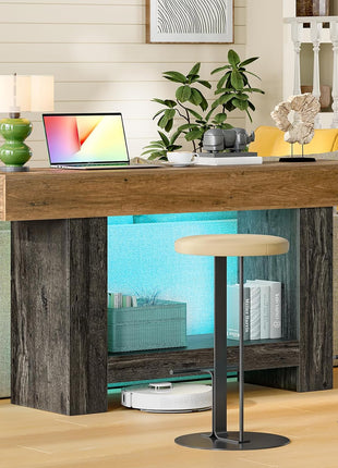 63-Inch Farmhouse Style Console Table with Integrated Charging Station and LED Lighting for Entryway, Sofa, and Hallway Use