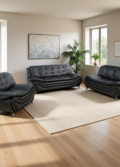 Modern Black Leather Sectional Sofa Set - 3-Piece Living Room Furniture for Apartment, Office, or Bedroom